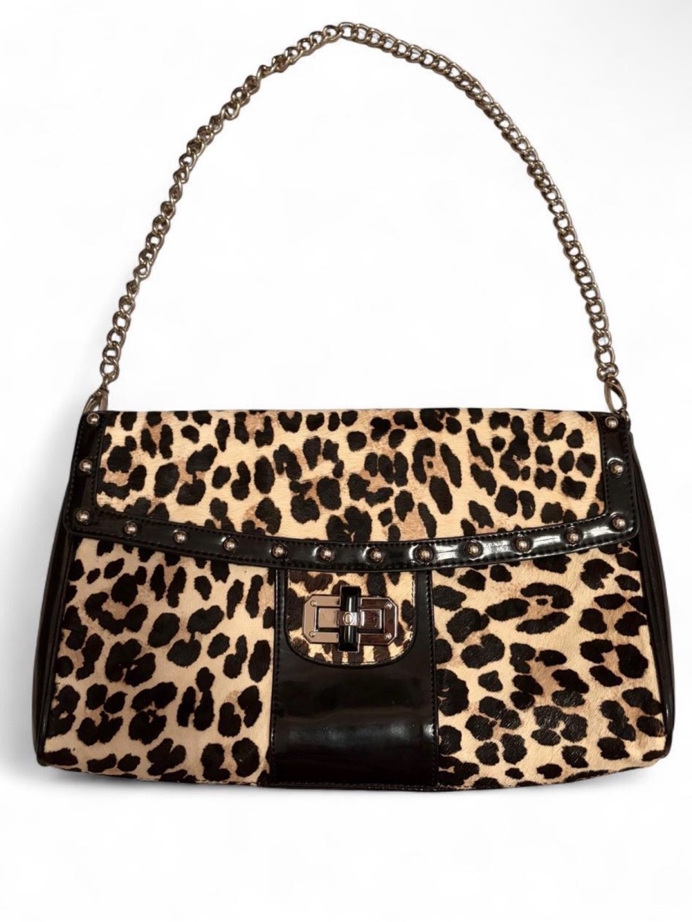 White Black House Market Leopard print handbag with black accents silver studs
